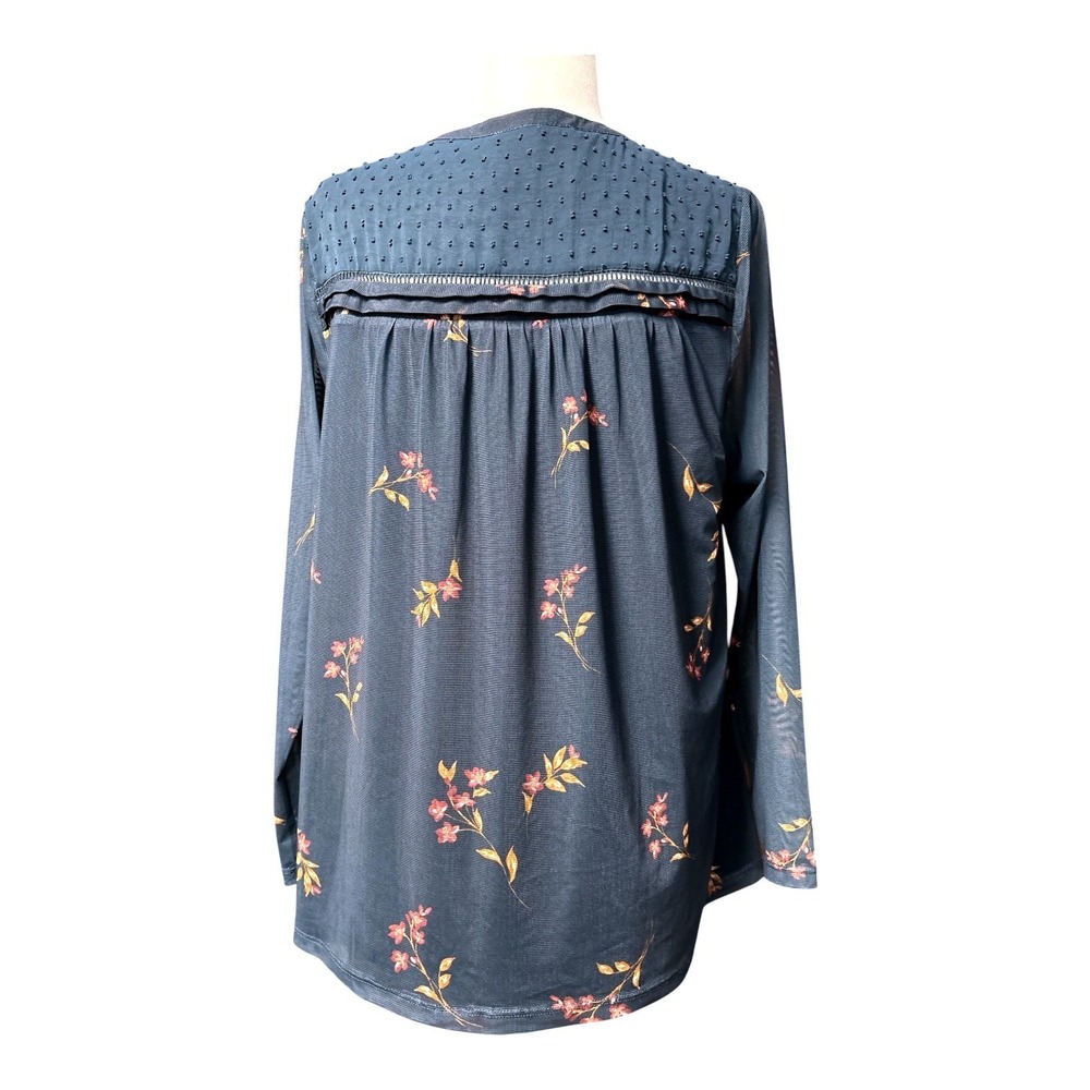 Daniel Rainn Floral Swiss Dot Split Neck Blouse Teal Blue 1X - Picture 4 of 7